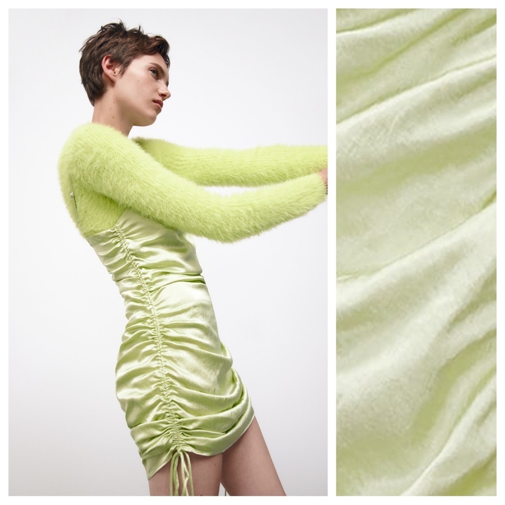 🌹NWT. Zara Mint Green Satin Effect Ruched Mini Dress with V-neck. Size S. - Picture 3 of 12
